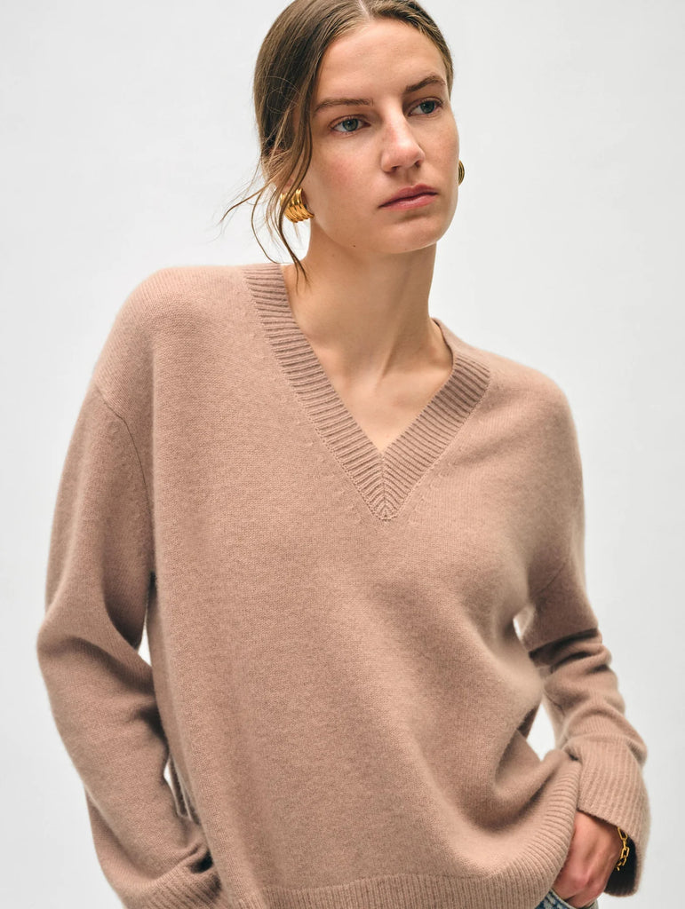 Cashmere Rib Trim V-Neck in True Camel