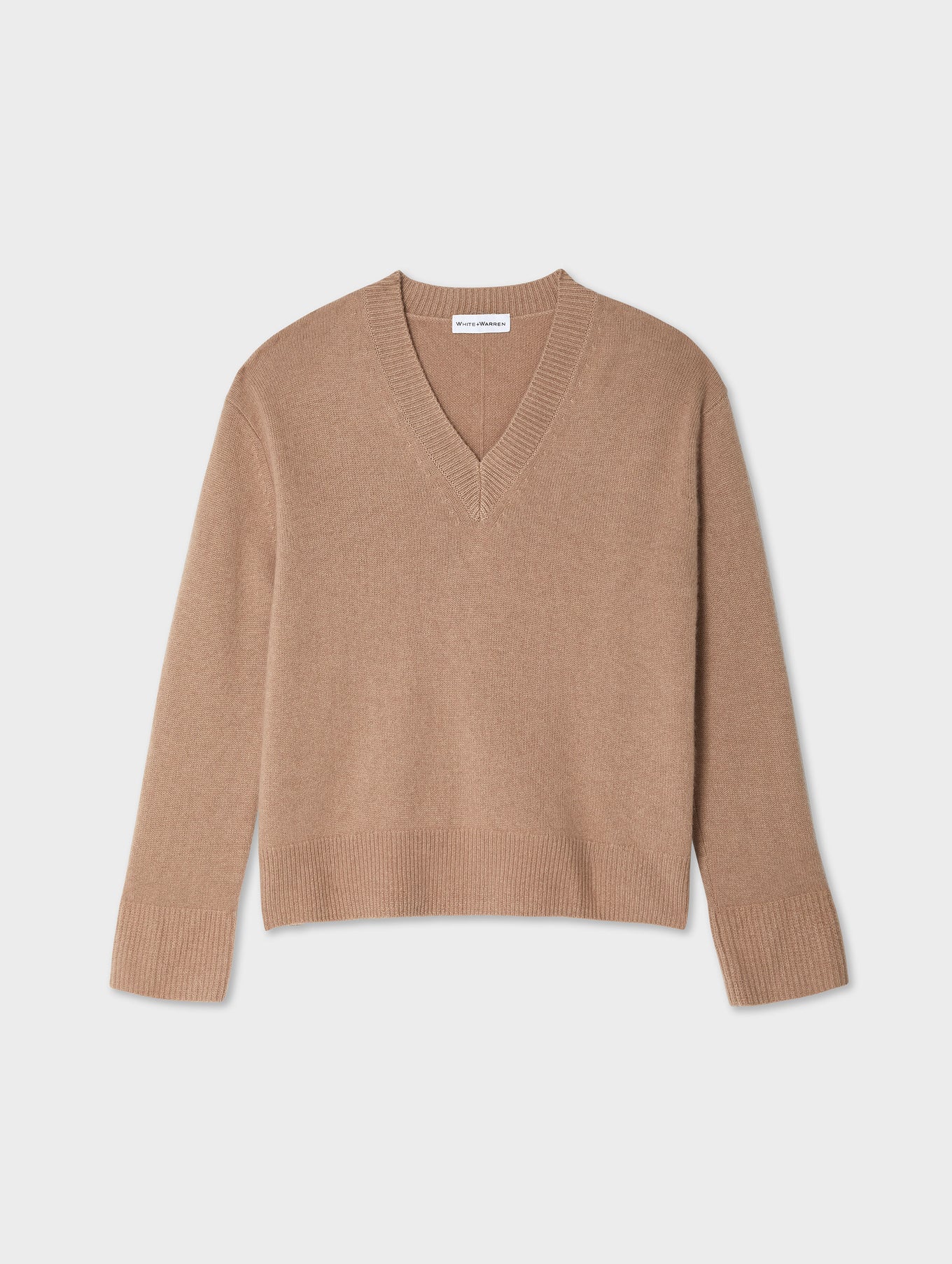 Cashmere Rib Trim V-Neck in True Camel