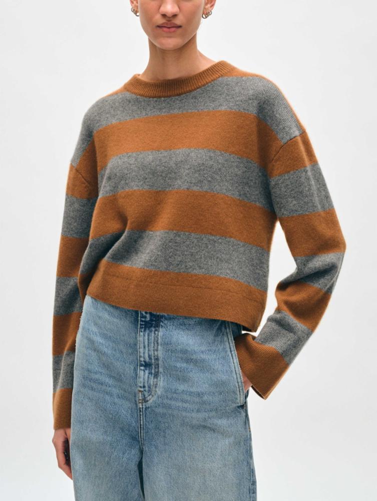 Cashmere Striped Crewneck in Cedar/Graphite