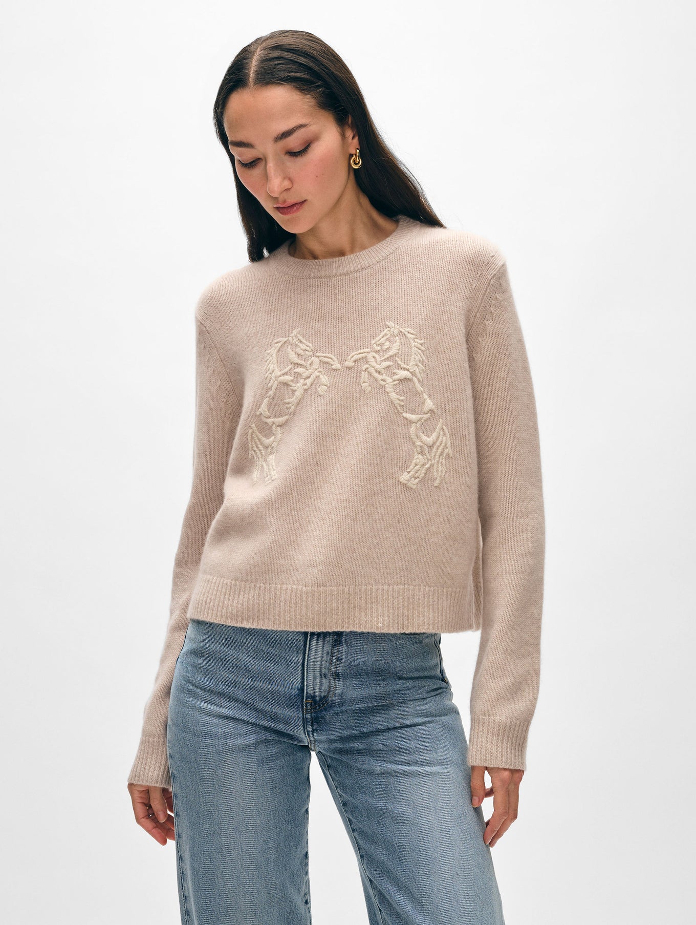 Cashmere Blend Horse Embroidered Crewneck in Sand/Ivory