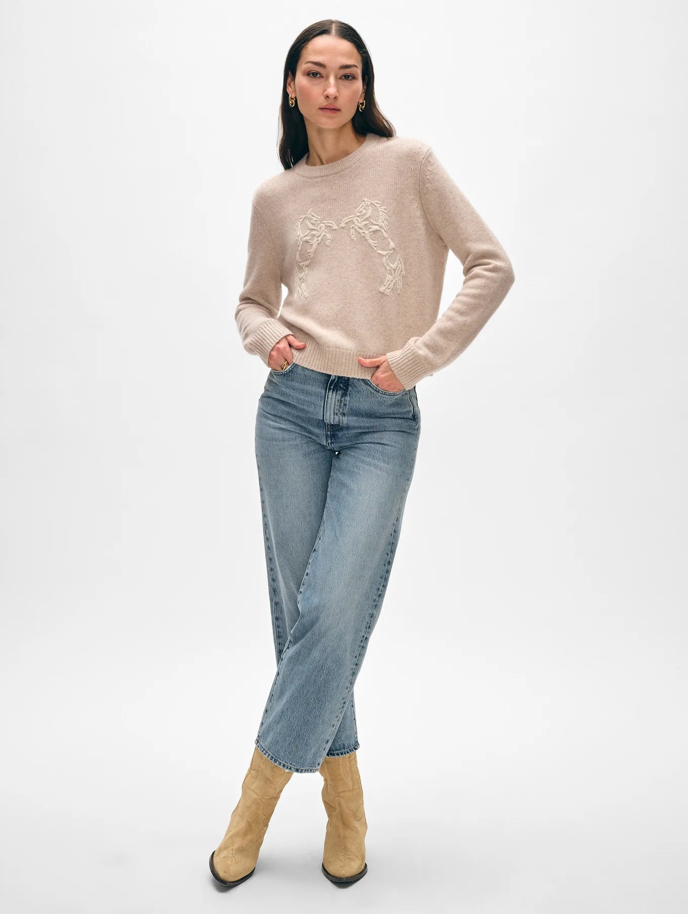 Cashmere Blend Horse Embroidered Crewneck in Sand/Ivory