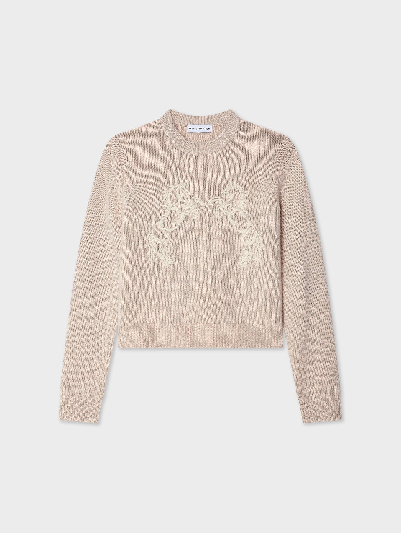 Cashmere Blend Horse Embroidered Crewneck in Sand/Ivory