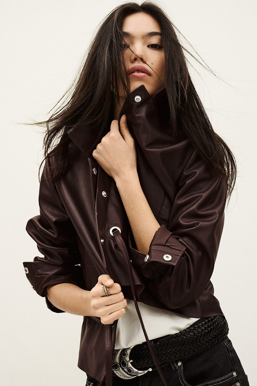 Manita Cropped Leather Jacket. Prune