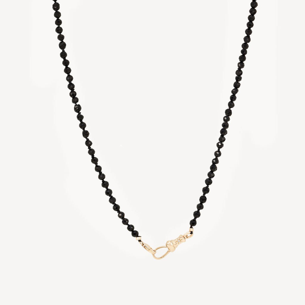 black spinel beaded mood necklace in 10k yellow gold