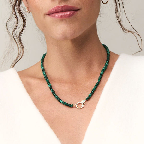 eye love you malachite beaded charm necklace in 10k solid gold