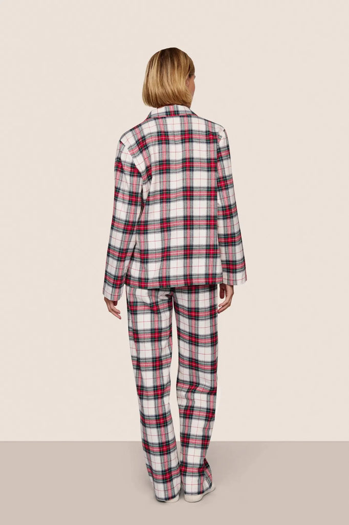 Flannel Long PJ Set in Tartan Plaid Ivory/Holly Red