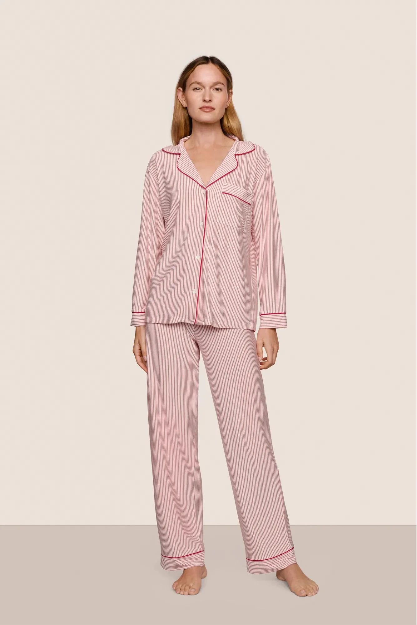 Gisele Long PJ Set in Duo Stripe Holly Red/Holly Red