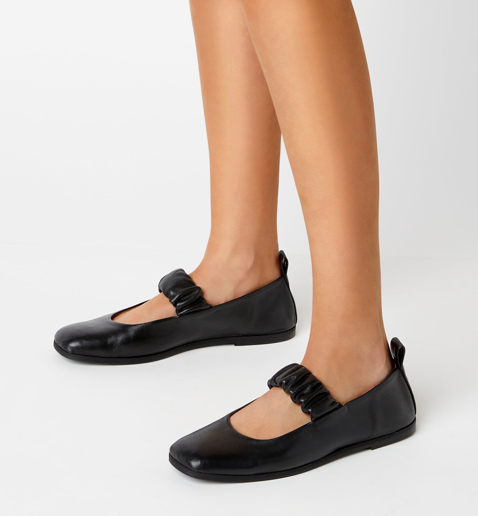 Grey Leather Mary Jane Flat in Black