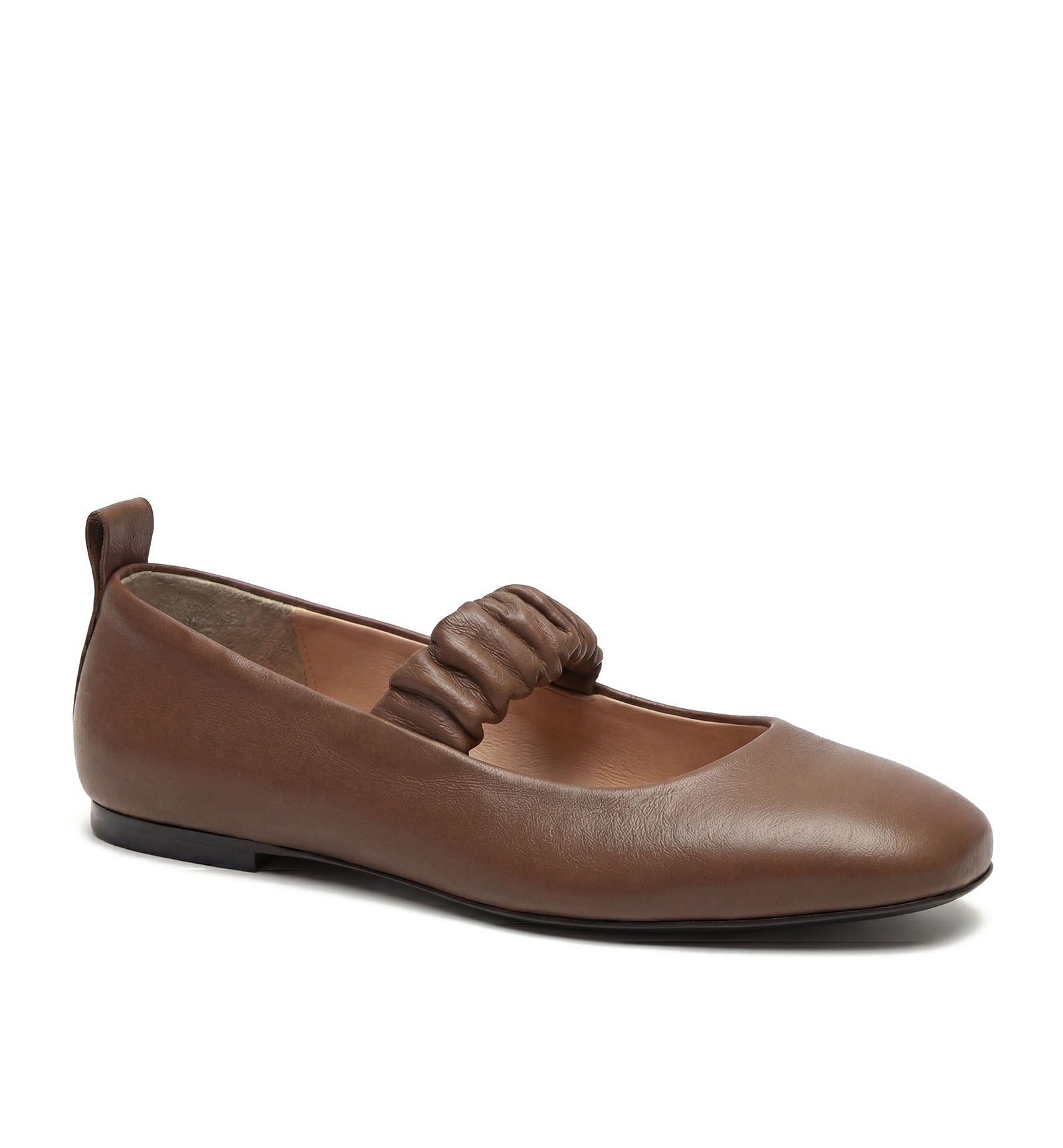 Grey Leather Mary Jane Flat in Cognac
