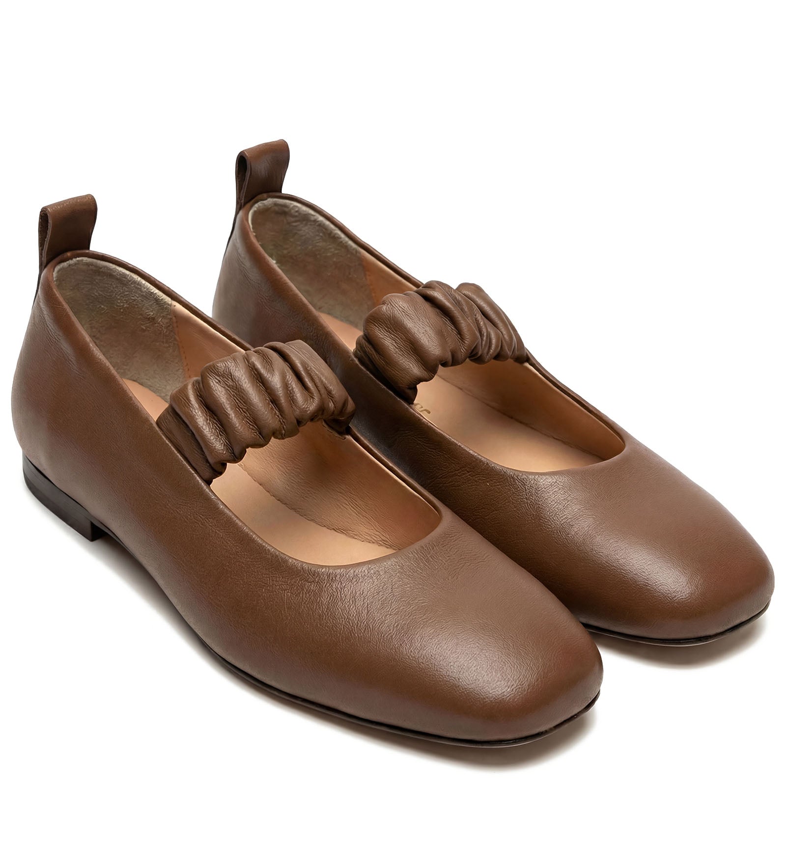 Grey Leather Mary Jane Flat in Cognac
