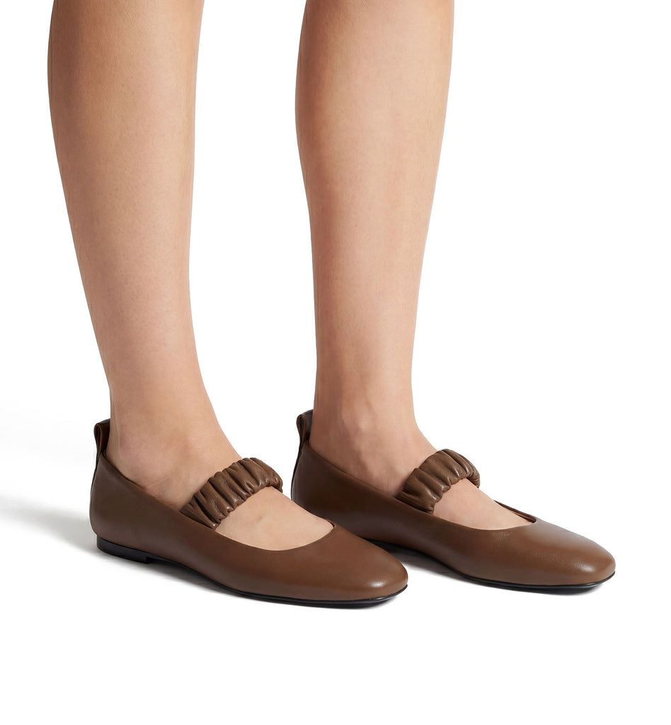 Grey Leather Mary Jane Flat in Cognac