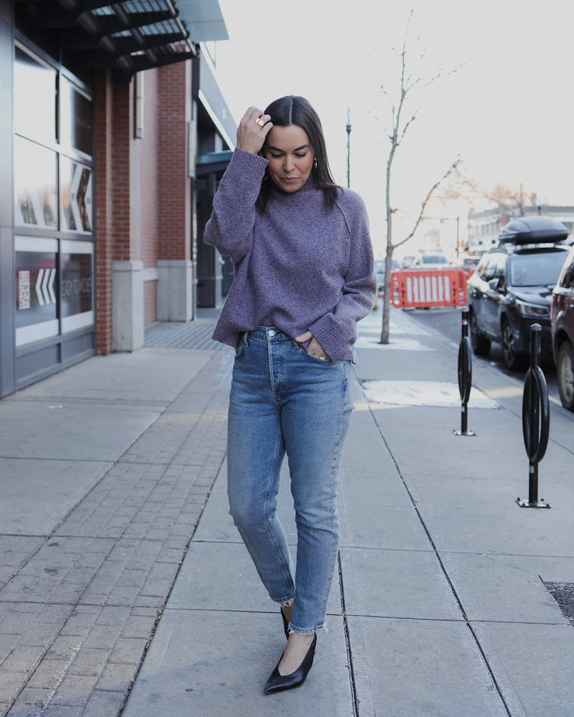 Boxy Mock Neck Pullover in Plum Melange