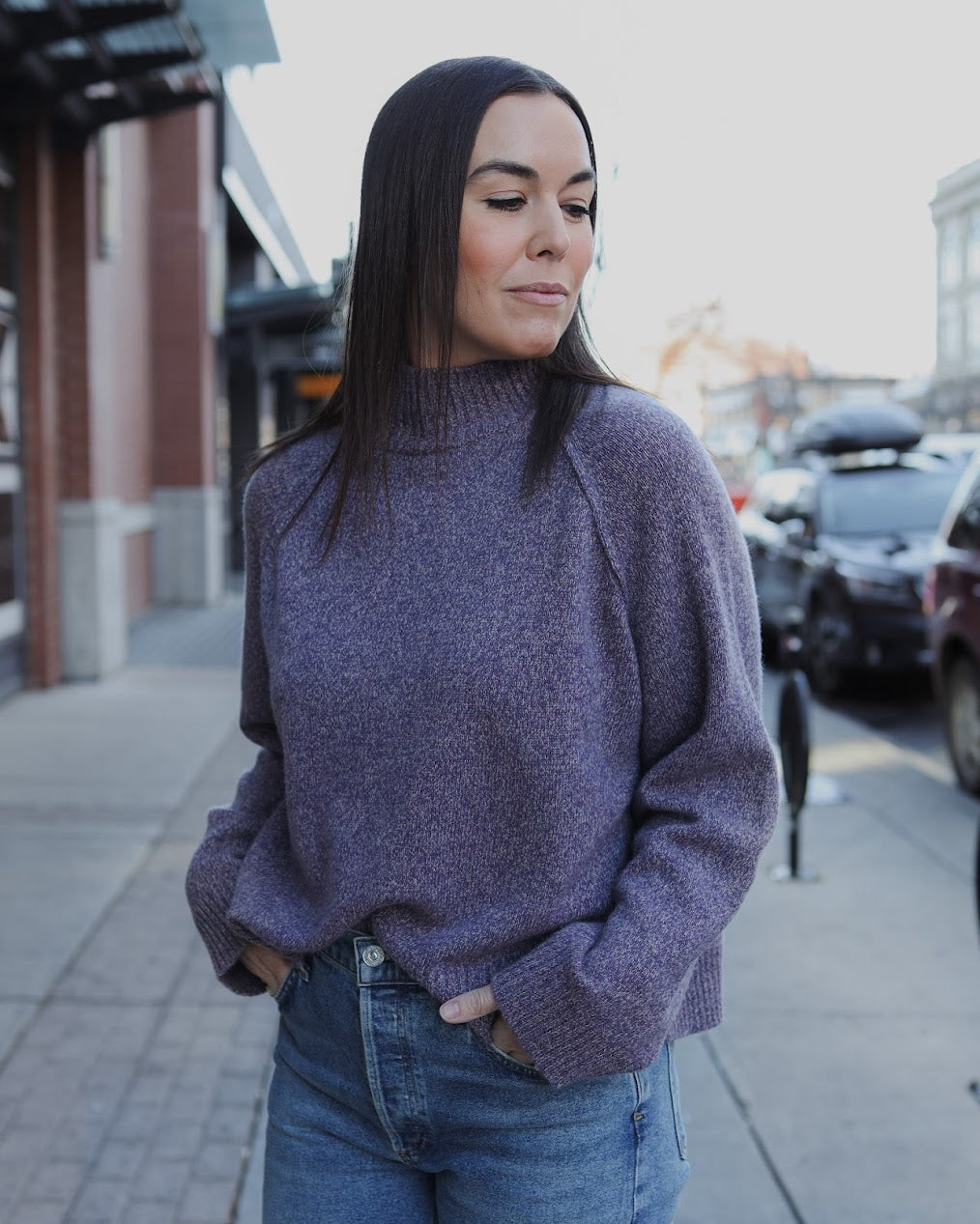 Boxy Mock Neck Pullover in Plum Melange