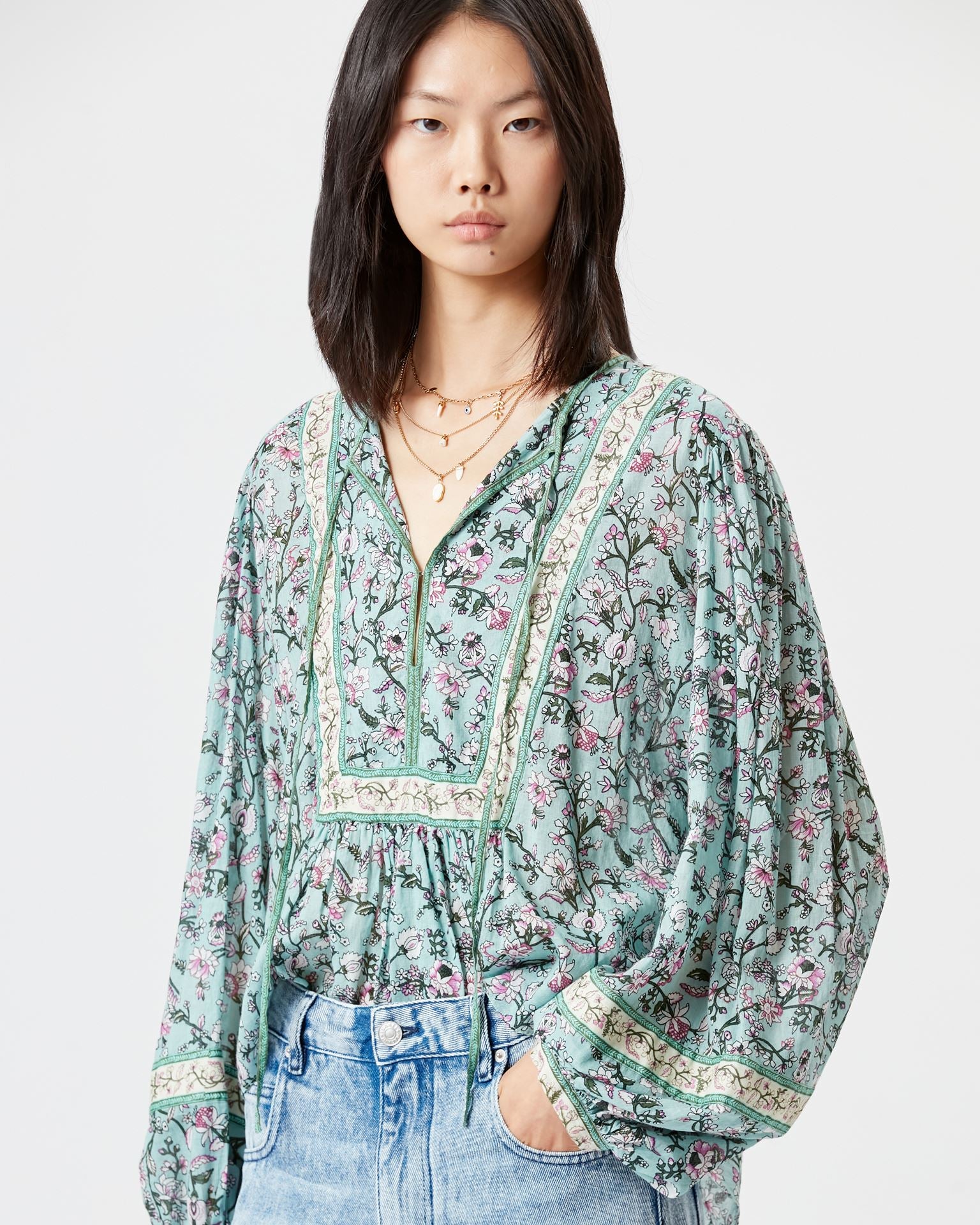 Gayle Floral Printed Cotton Top in Almond Green