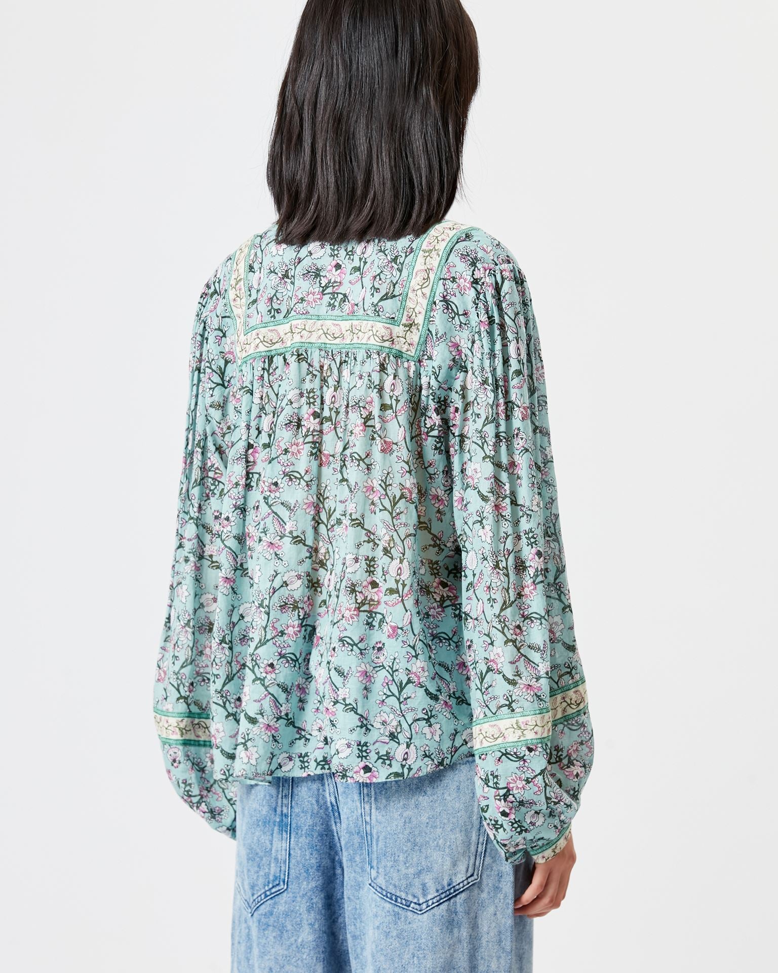 Gayle Floral Printed Cotton Top in Almond Green